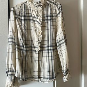 Designer Frame plaid button down with ruffle detail.